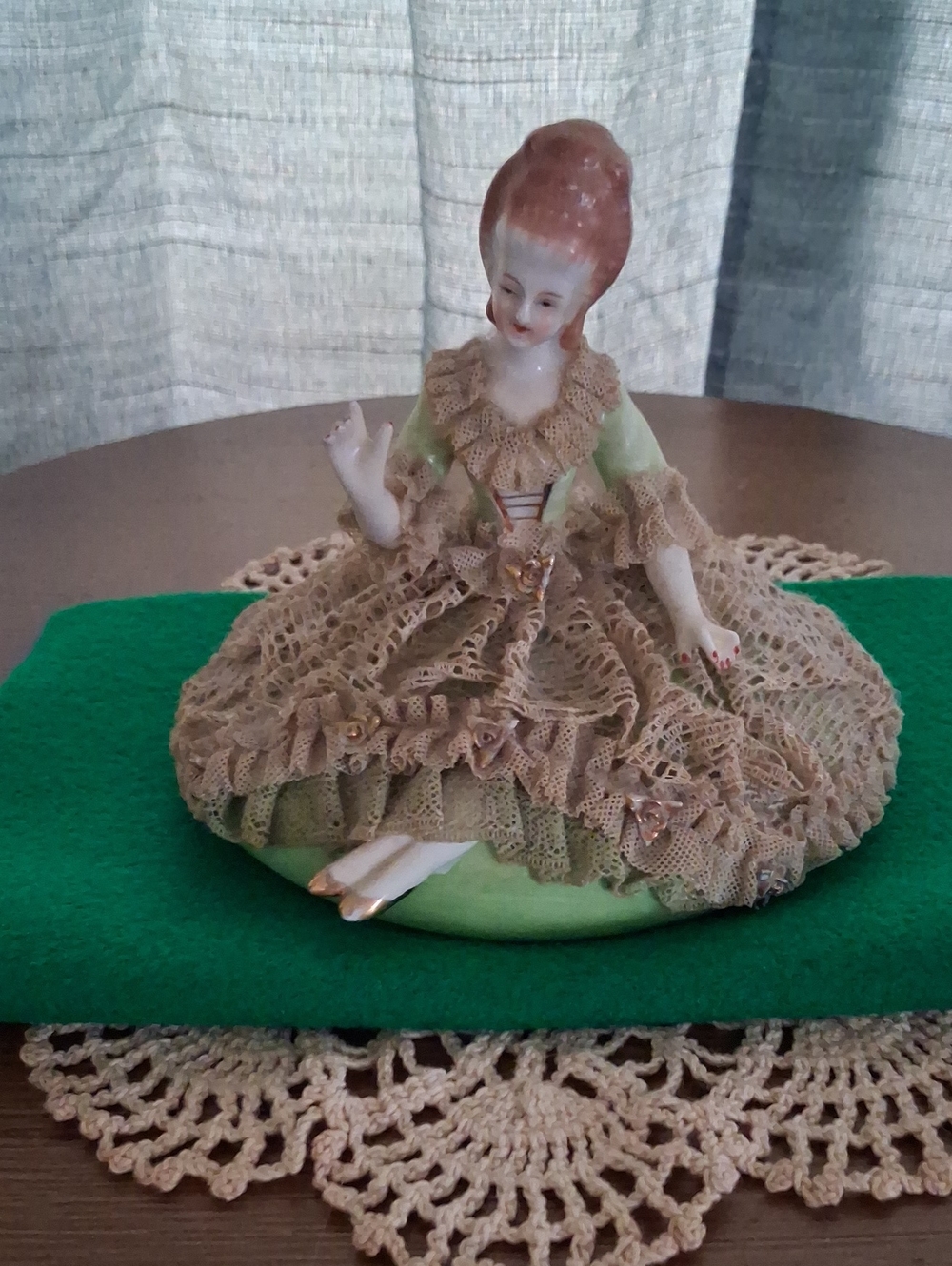 Porcelain Lady Figurine in Green and Beige Lace